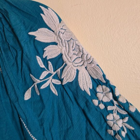 Sundance Naomi Isles Top Teal Embroidered Bohemian Balloon Sleeve Size PS - Picture 6 of 8